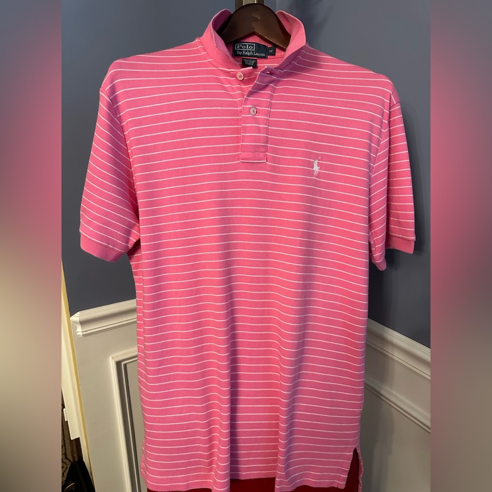Polo Ralph Lauren polo shirt. Pink with thin white stripes.